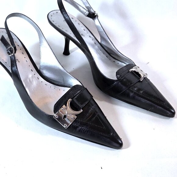 BCBGirls Black Leather Kitten Heel Sling Back Shoes Size 8 - Picture 1 of 4